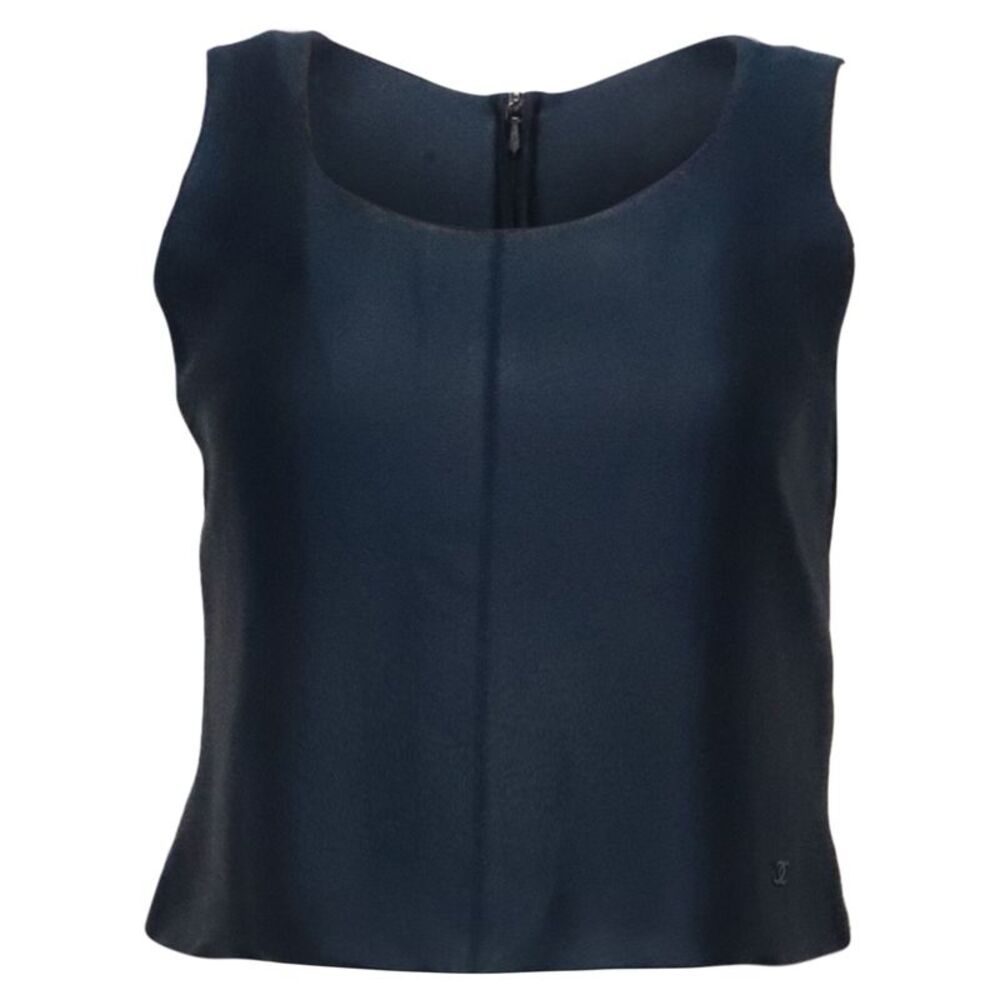 Chanel Sleeveless Crewneck Leather Top in Navy Blue Leather